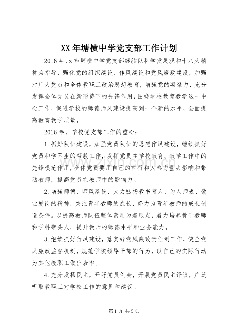 XX年塘横中学党支部工作计划.docx_第1页