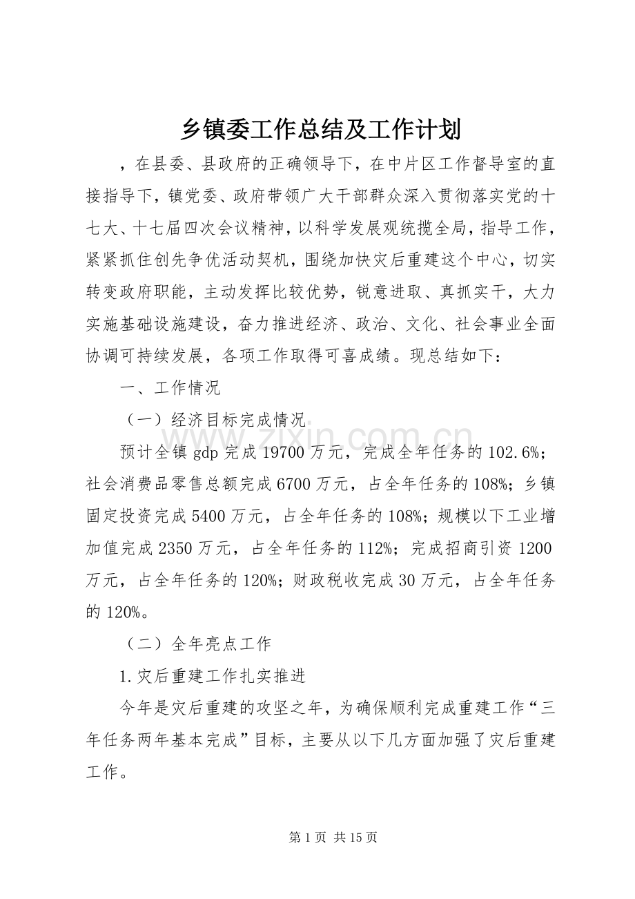 乡镇委工作总结及工作计划.docx_第1页