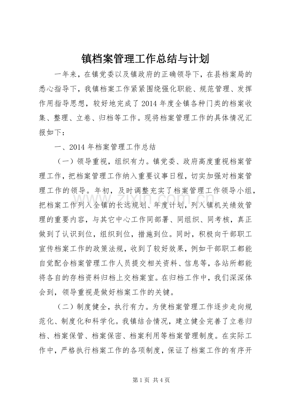 镇档案管理工作总结与计划.docx_第1页