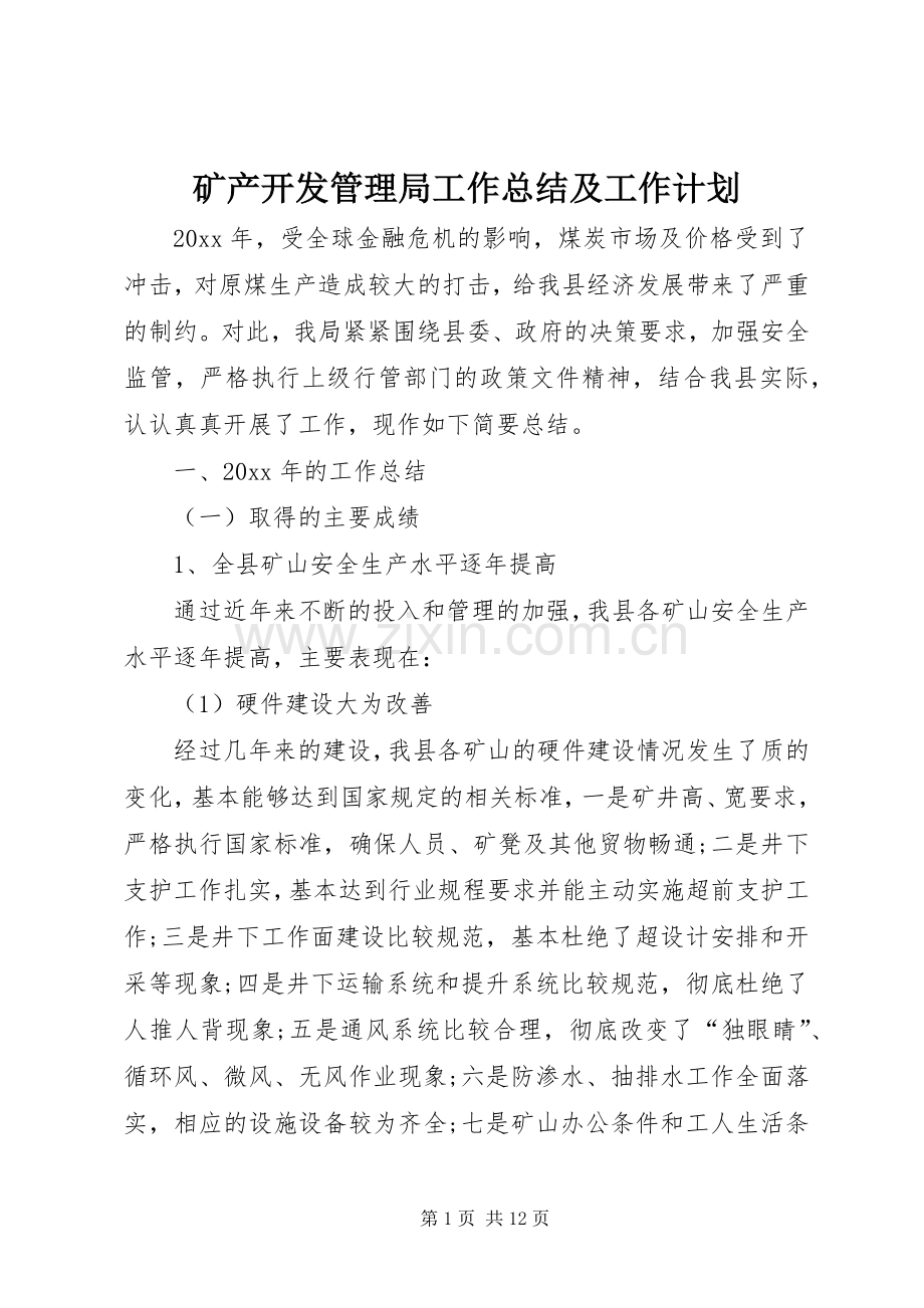 矿产开发管理局工作总结及工作计划.docx_第1页