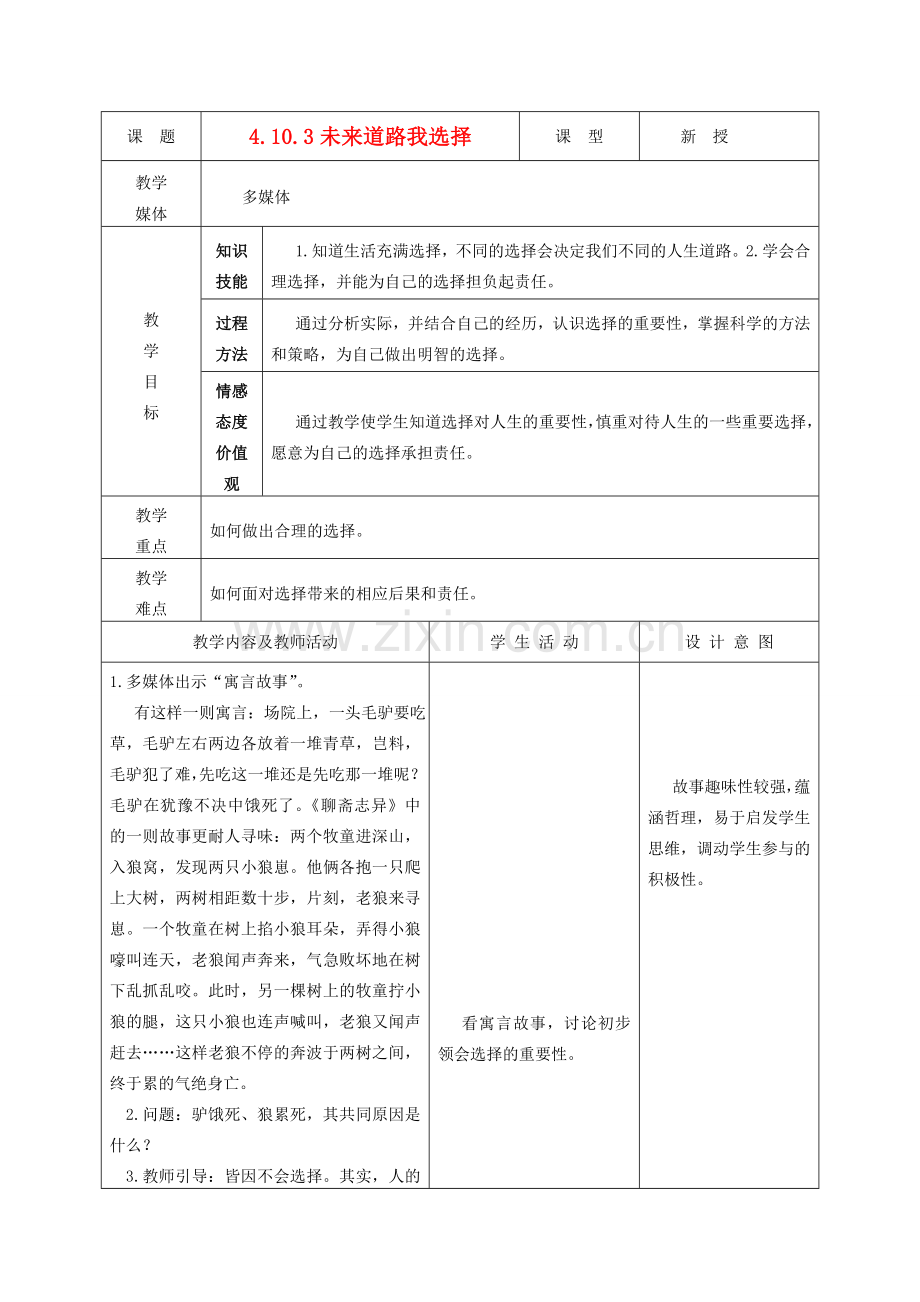 九年级政治 4.10.3未来道路我选择教案 鲁教版.doc_第1页