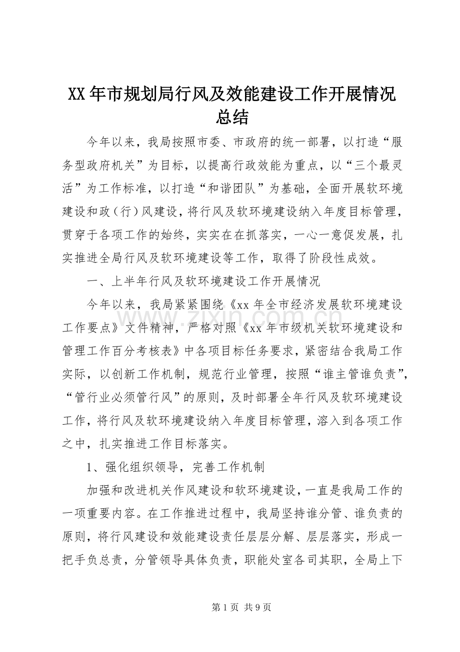 XX年市规划局行风及效能建设工作开展情况总结 .docx_第1页
