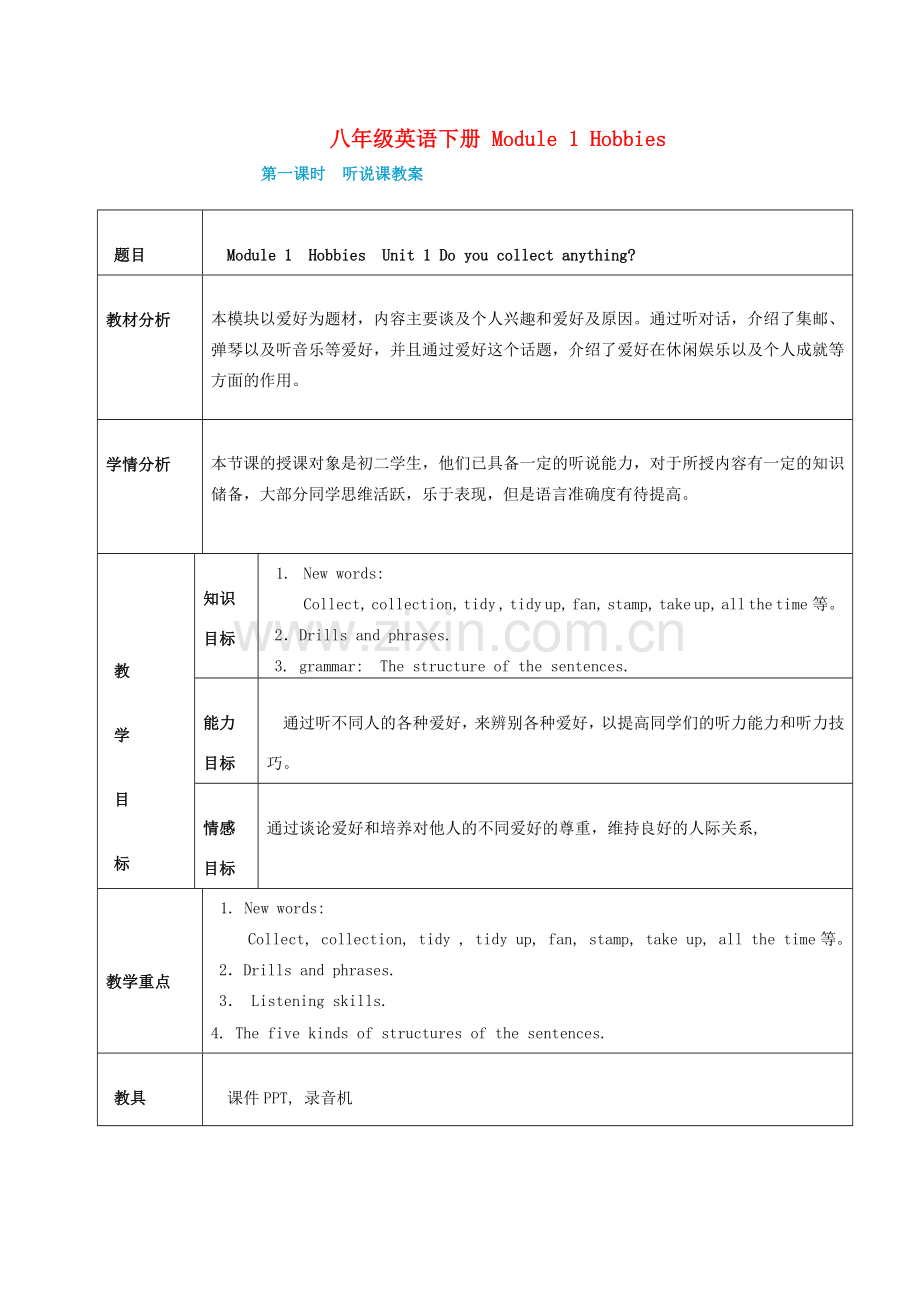 八年级英语下册 Module 1 Hobbies备课教案 外研版.doc_第1页
