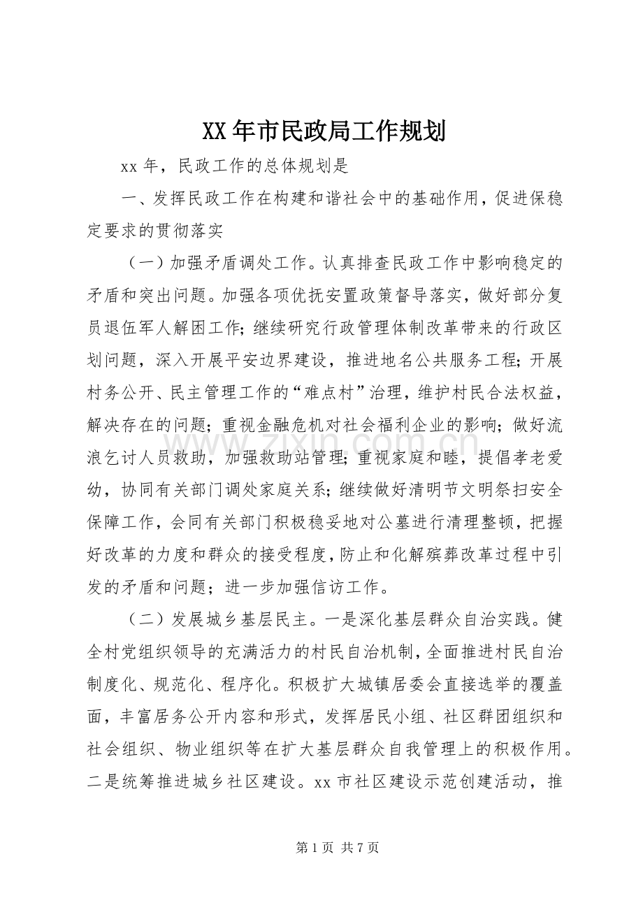 XX年市民政局工作规划.docx_第1页