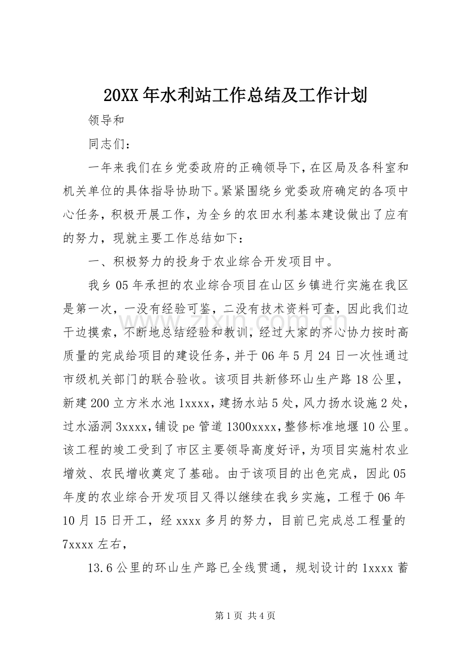 20XX年水利站工作总结及工作计划.docx_第1页