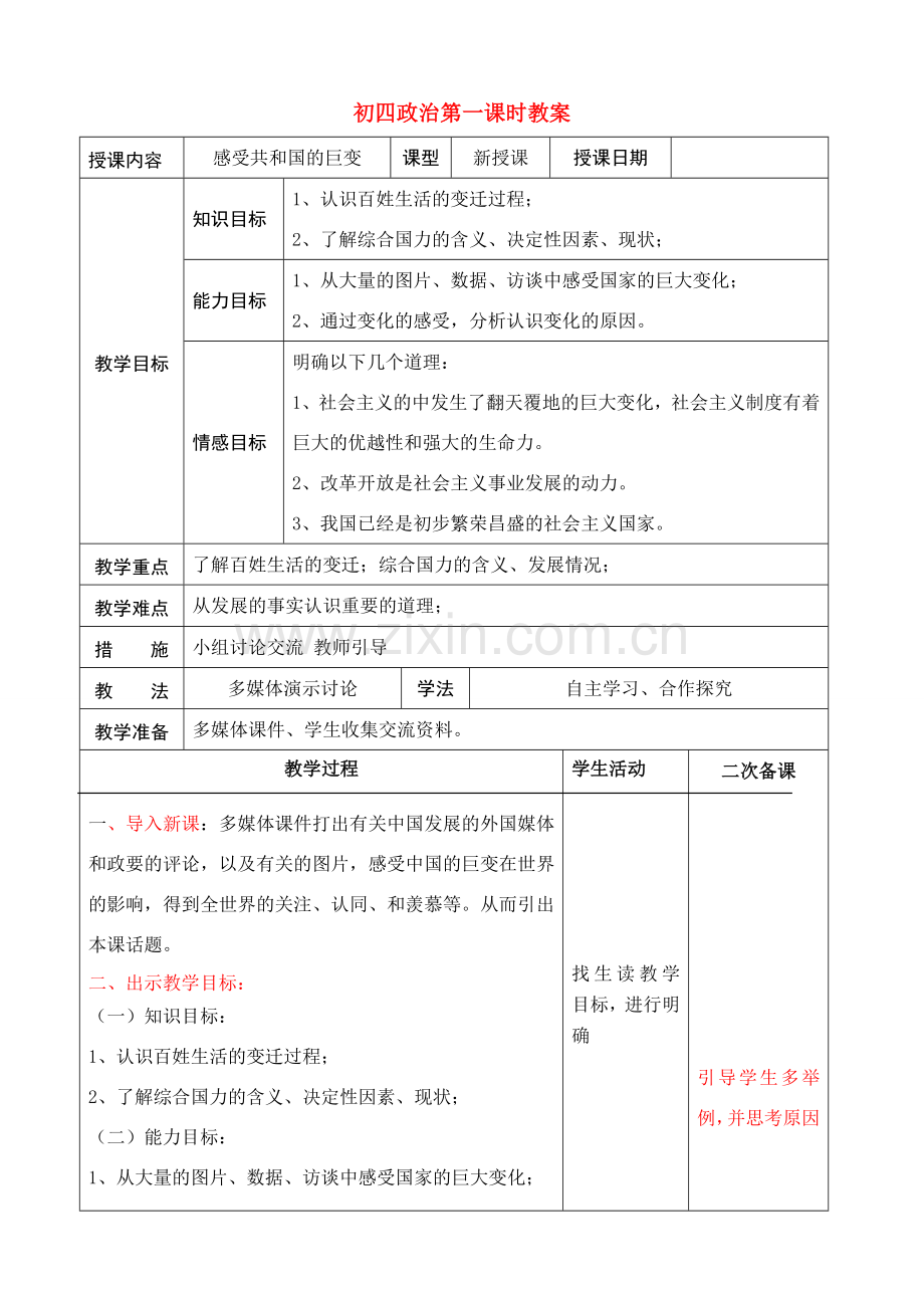 九年级政治 感受共和国的巨变 教学教案 鲁教版.doc_第1页