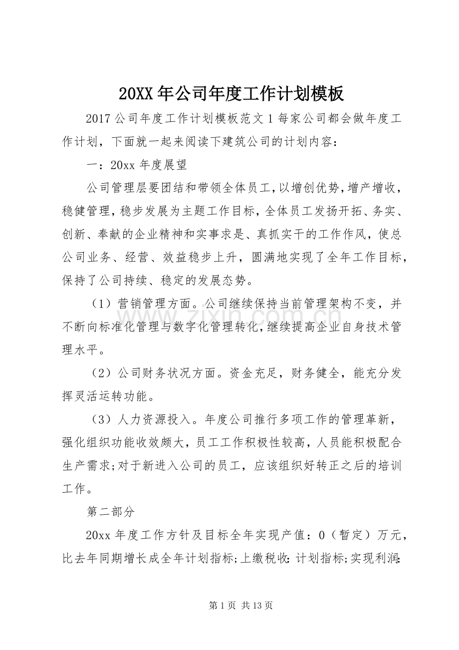 20XX年公司年度工作计划模板.docx_第1页