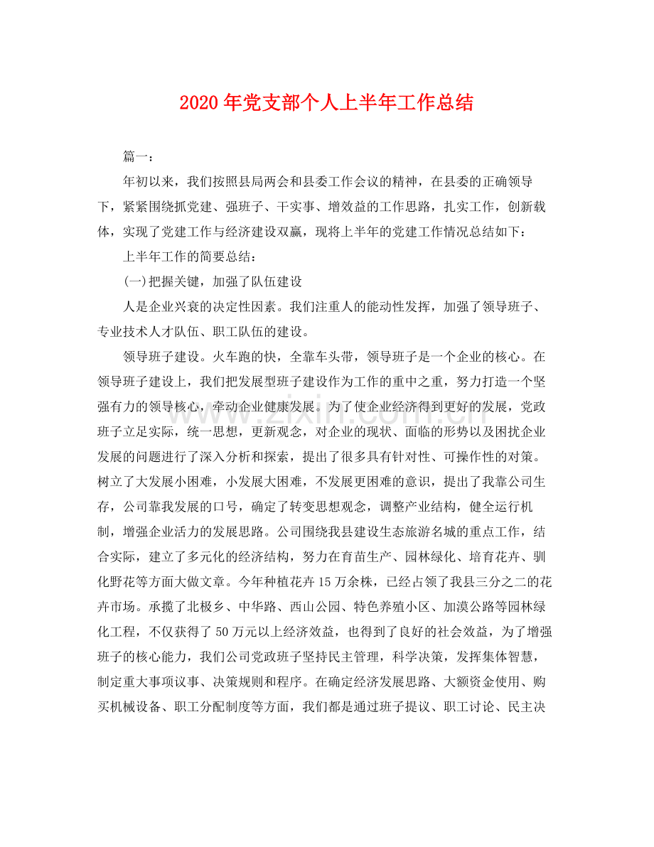 2020年党支部个人上半年工作总结 .docx_第1页