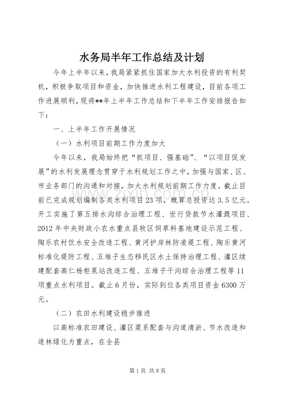 水务局半年工作总结及计划 .docx_第1页