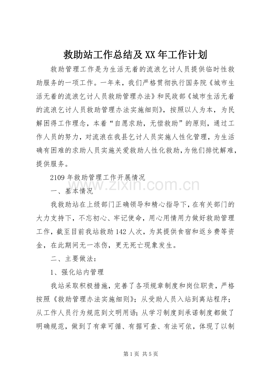 救助站工作总结及XX年工作计划.docx_第1页