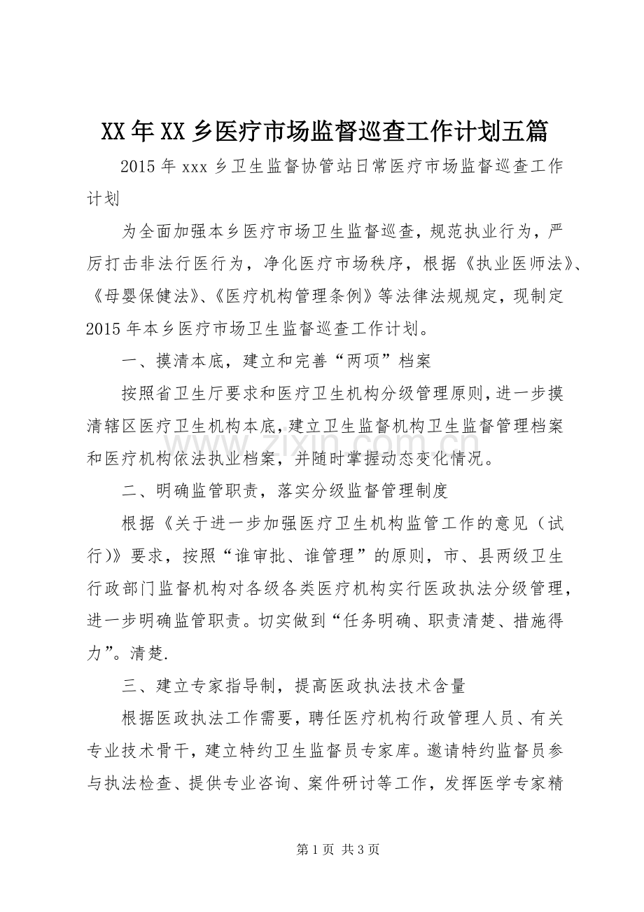 XX年XX乡医疗市场监督巡查工作计划五篇.docx_第1页