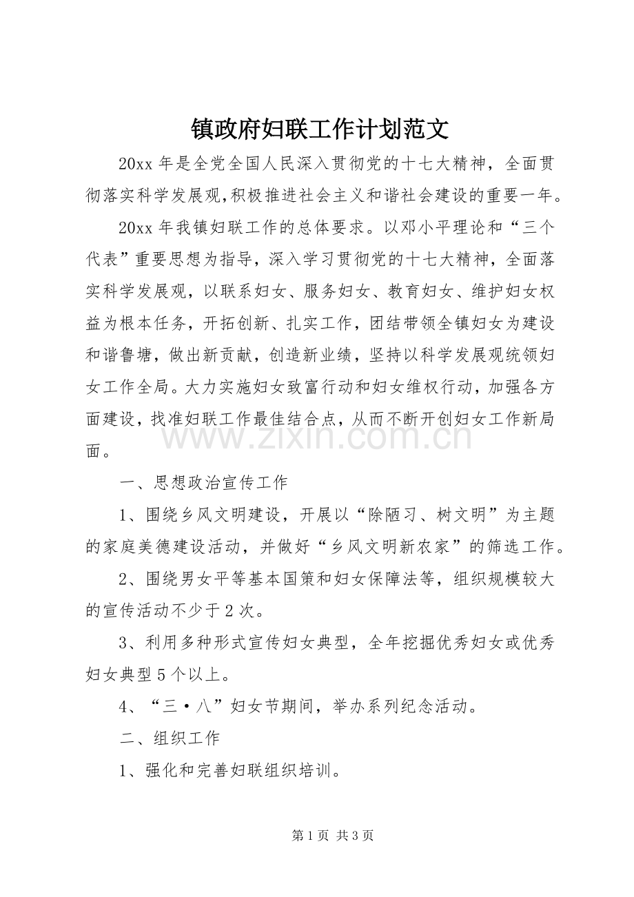 镇政府妇联工作计划范文 .docx_第1页