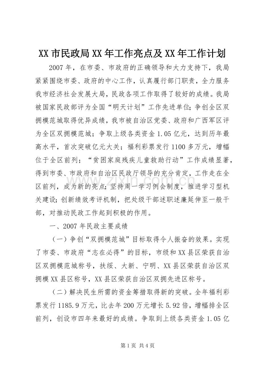 XX市民政局XX年工作亮点及XX年工作计划 .docx_第1页