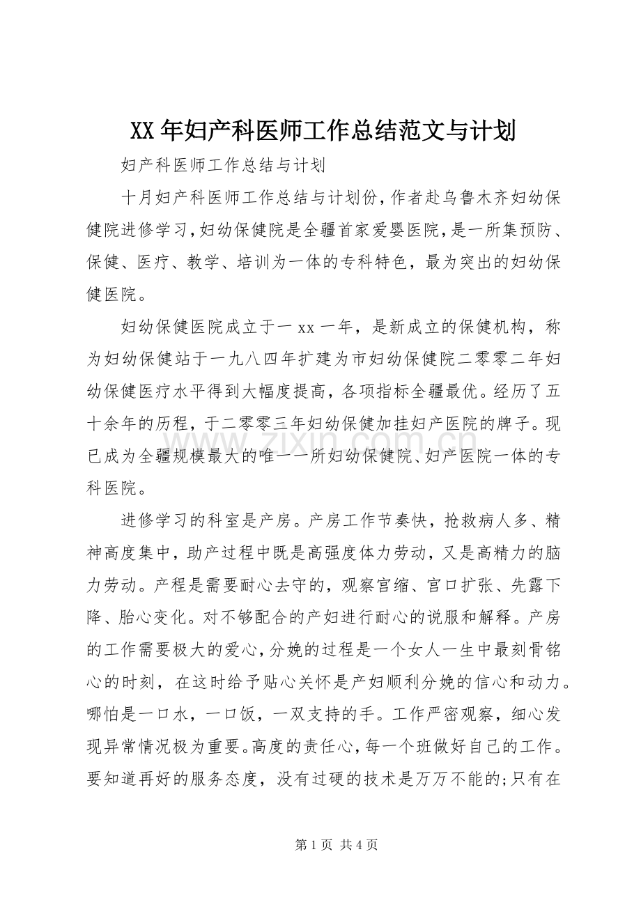 XX年妇产科医师工作总结范文与计划.docx_第1页
