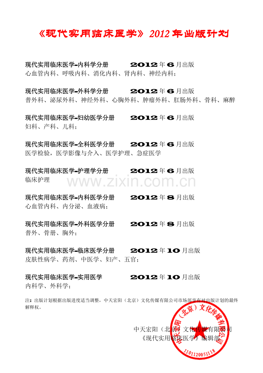 《现代实用临床医学》2012年出版计划.doc_第1页