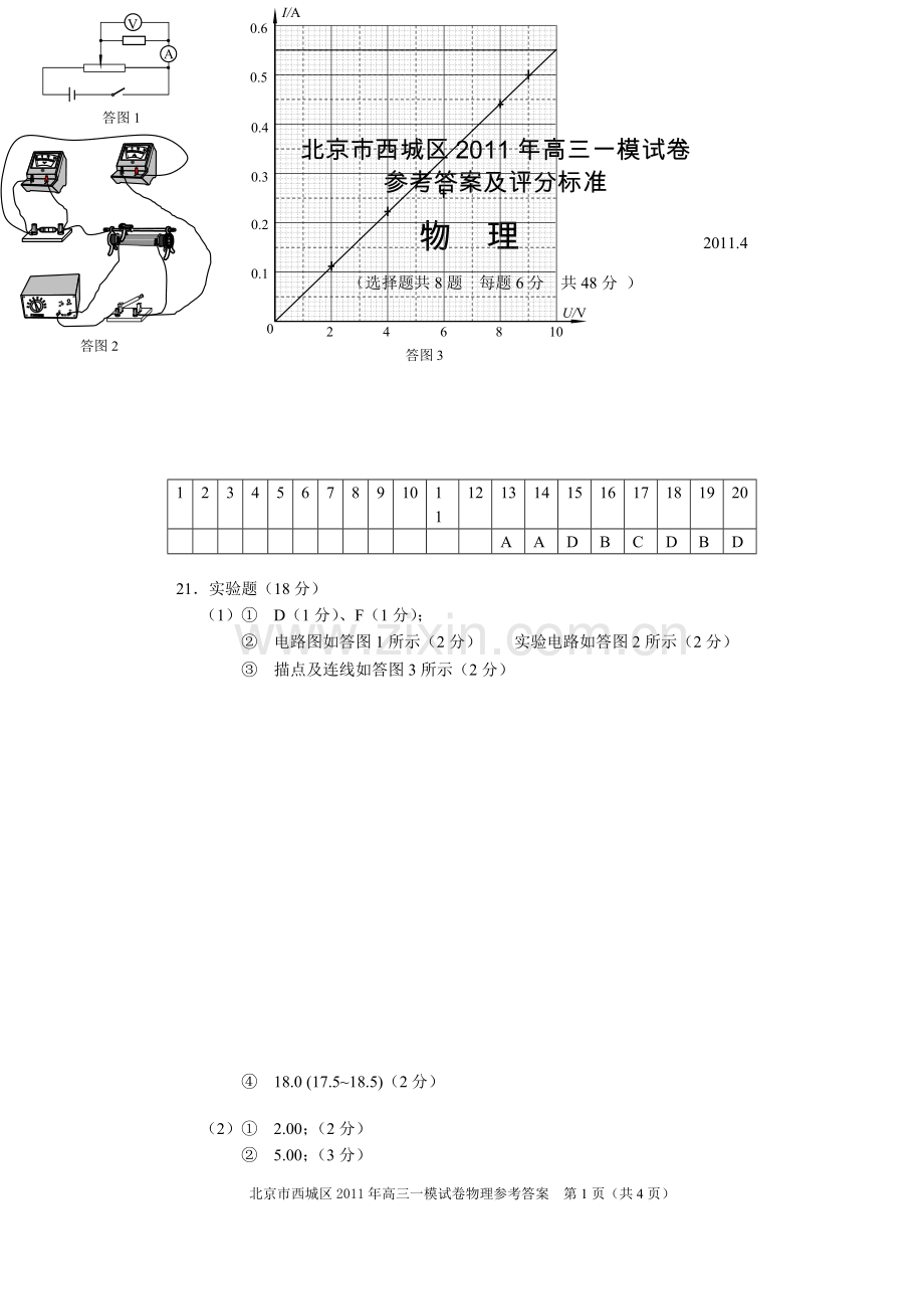 北京市西城区一模物理试卷参考答案201103.doc_第1页