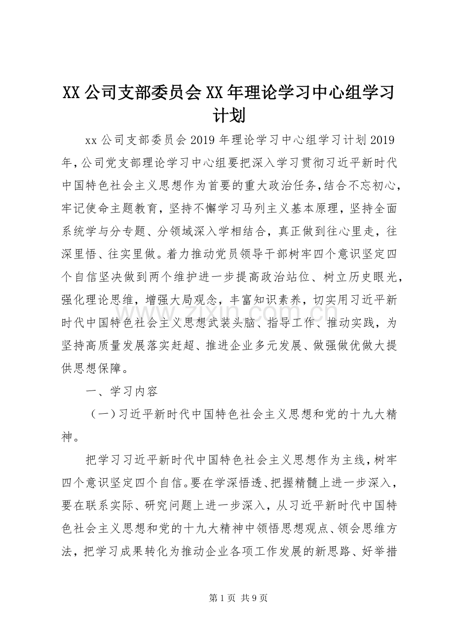 XX公司支部委员会XX年理论学习中心组学习计划.docx_第1页