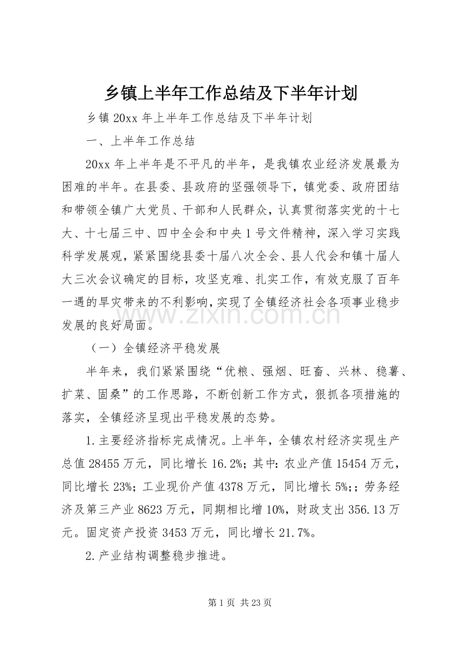乡镇上半年工作总结及下半年计划.docx_第1页