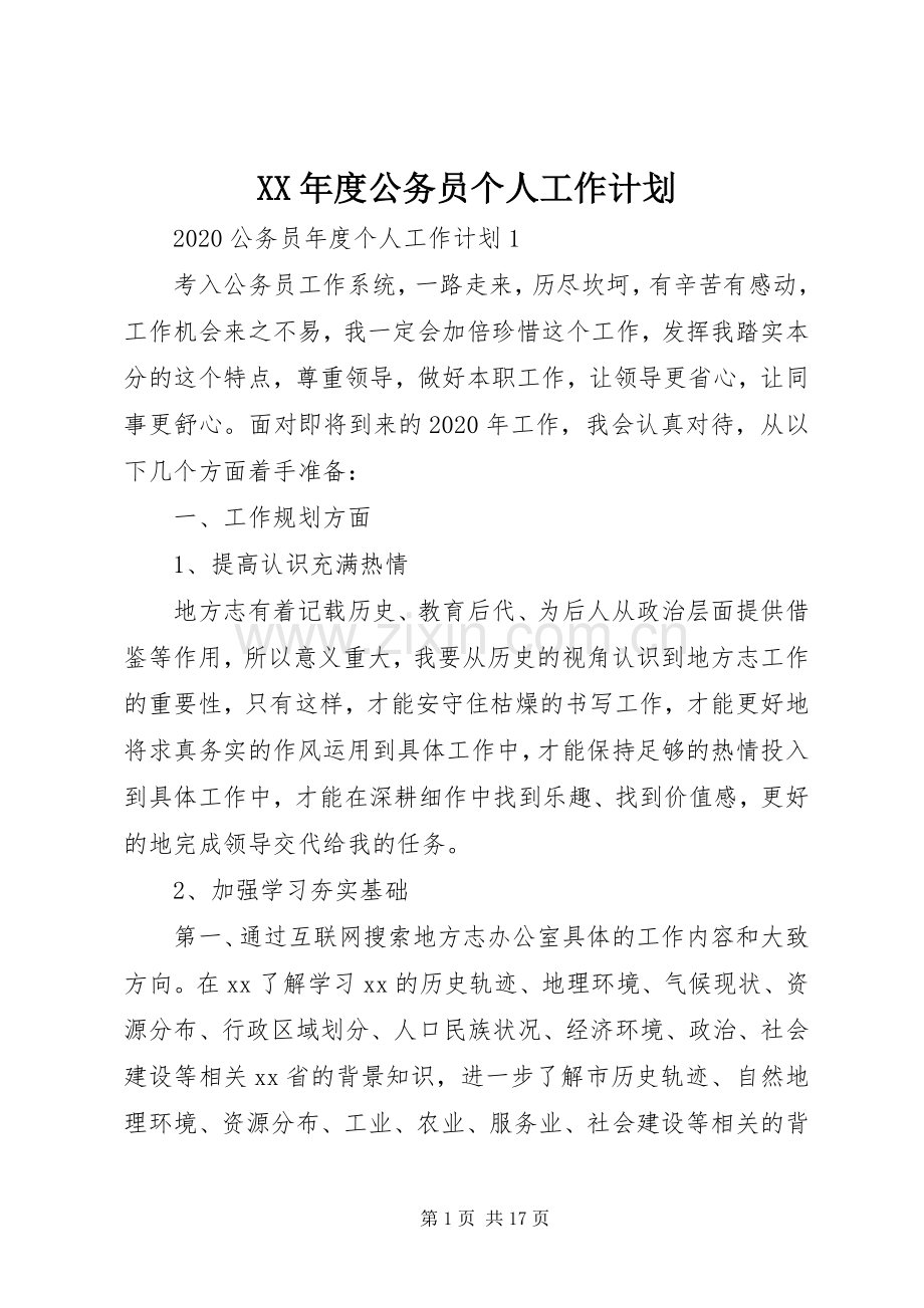 XX年度公务员个人工作计划.docx_第1页