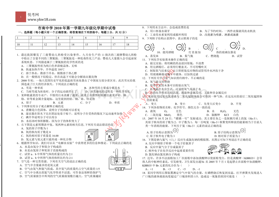 市南中学2012年第一学期九年级化学期中试卷.doc_第1页