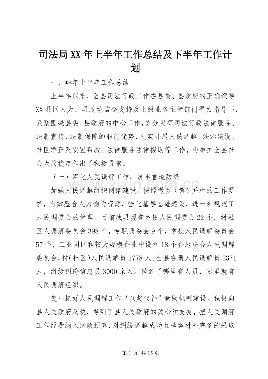 司法局XX年上半年工作总结及下半年工作计划_1.docx_第1页
