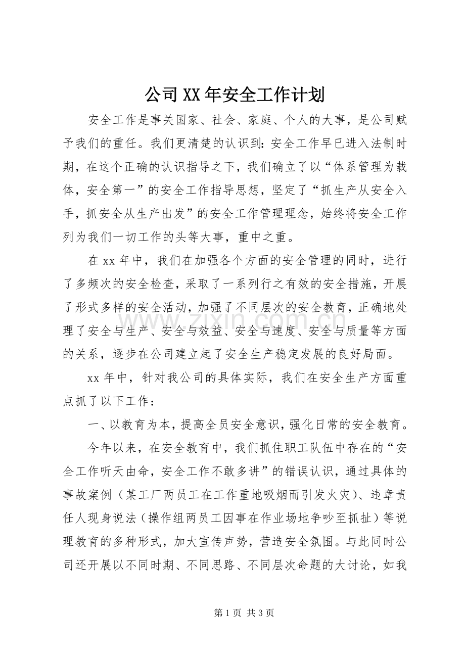 公司XX年安全工作计划 .docx_第1页