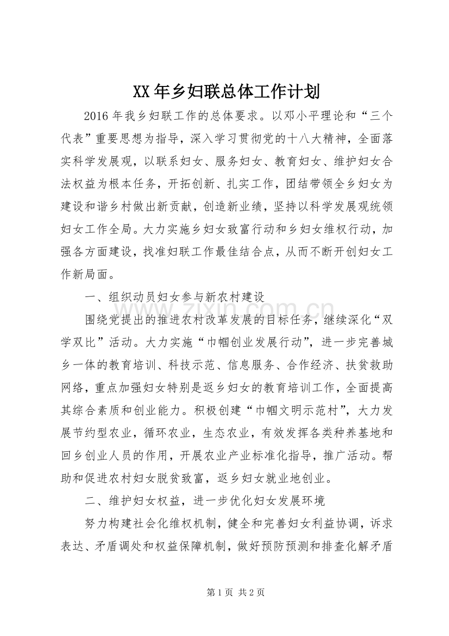 XX年乡妇联总体工作计划.docx_第1页