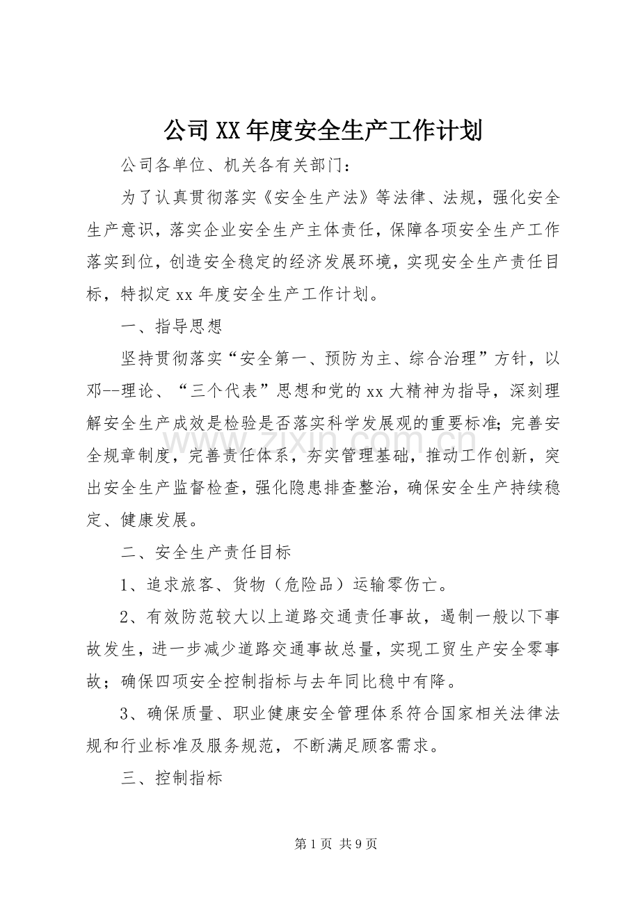 公司XX年度安全生产工作计划.docx_第1页