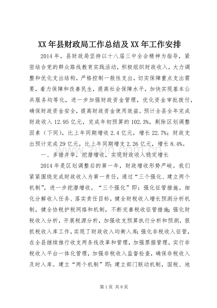 XX年县财政局工作总结及XX年工作安排 .docx_第1页