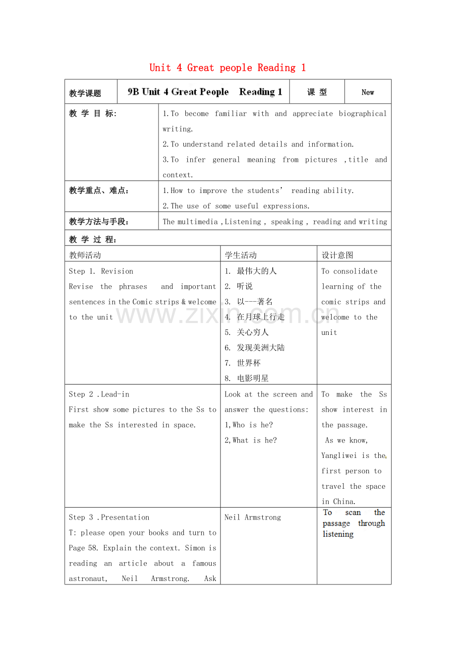 江苏省昆山市锦溪中学九年级英语下册 Unit 4 Great people Reading 1教案 牛津版.doc_第1页