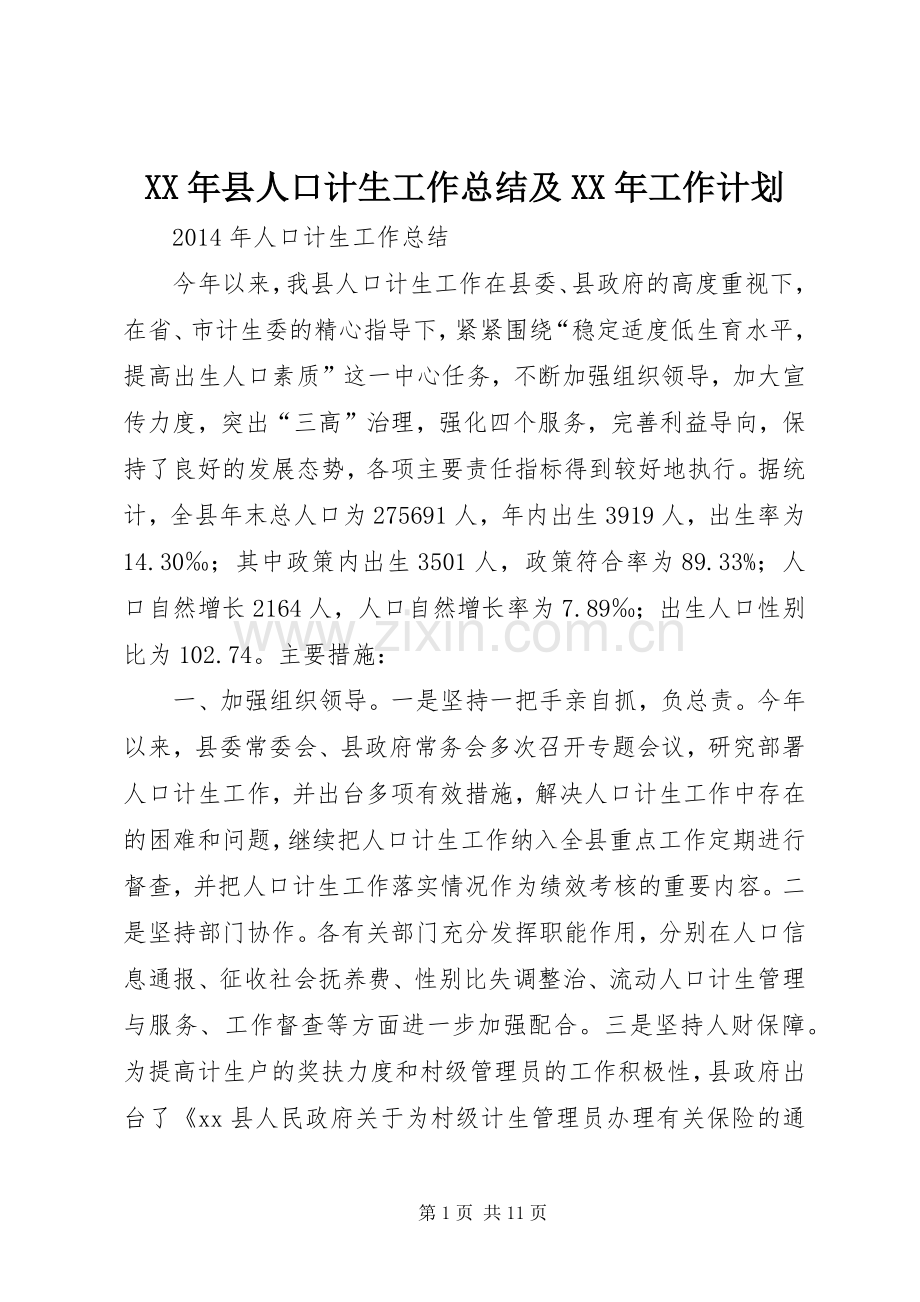XX年县人口计生工作总结及XX年工作计划.docx_第1页