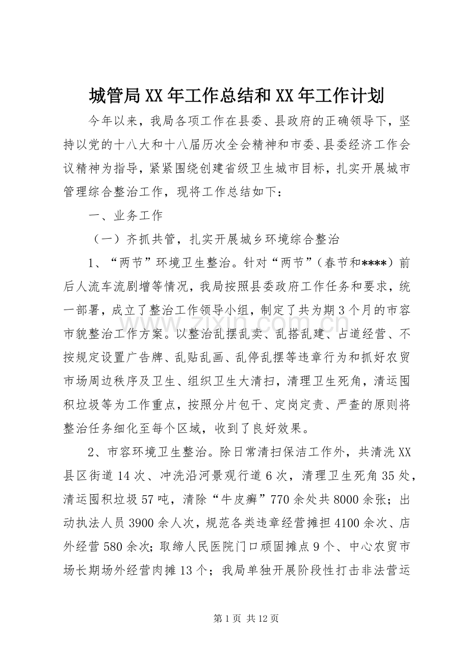城管局XX年工作总结和XX年工作计划.docx_第1页