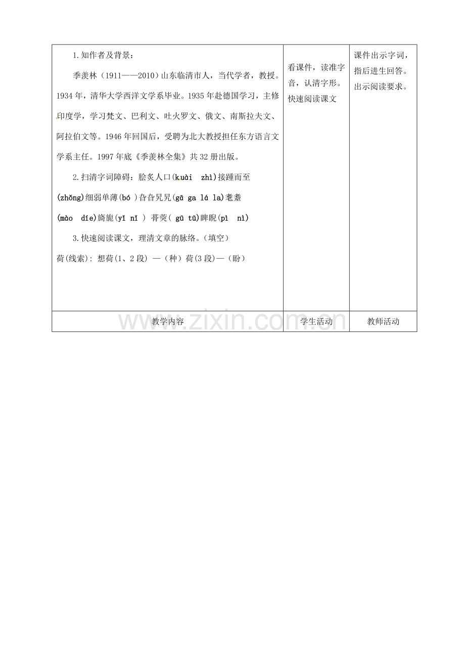 甘肃省酒泉市瓜州二中八年级语文下册《清塘荷韵》第一课时教案 北师大版.doc_第2页