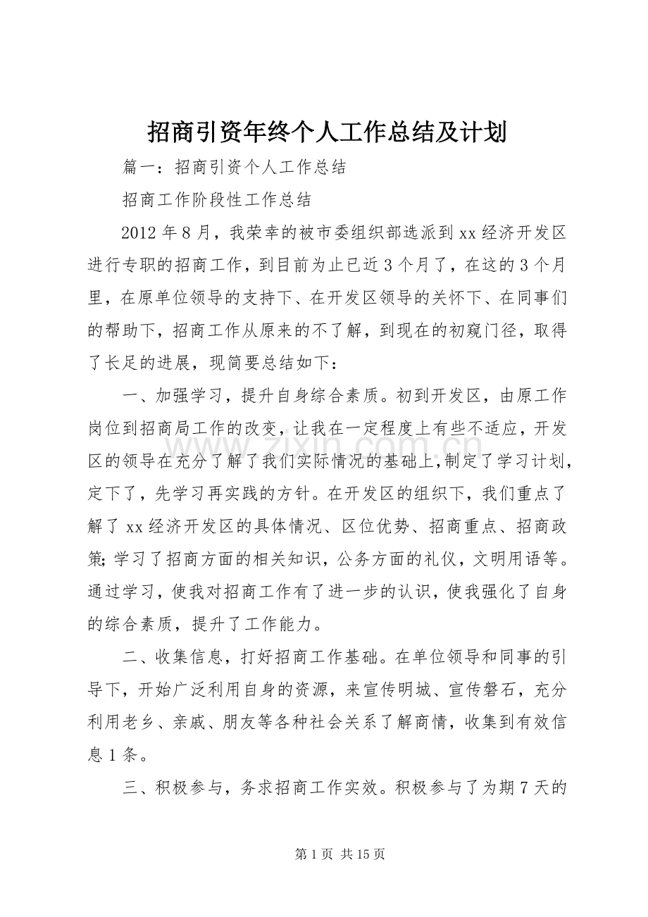 招商引资年终个人工作总结及计划.docx_第1页