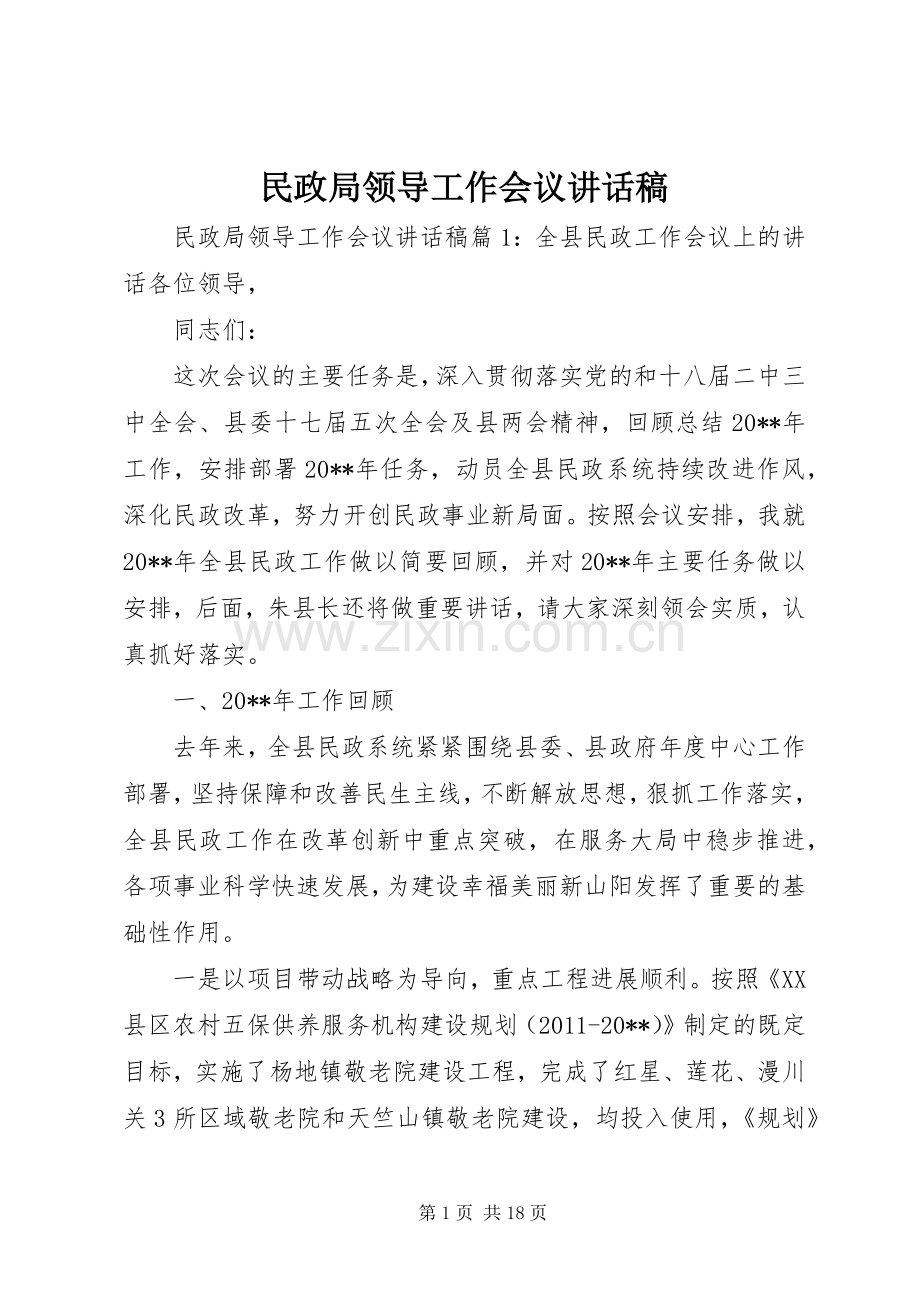民政局领导工作会议讲话发言稿.docx_第1页