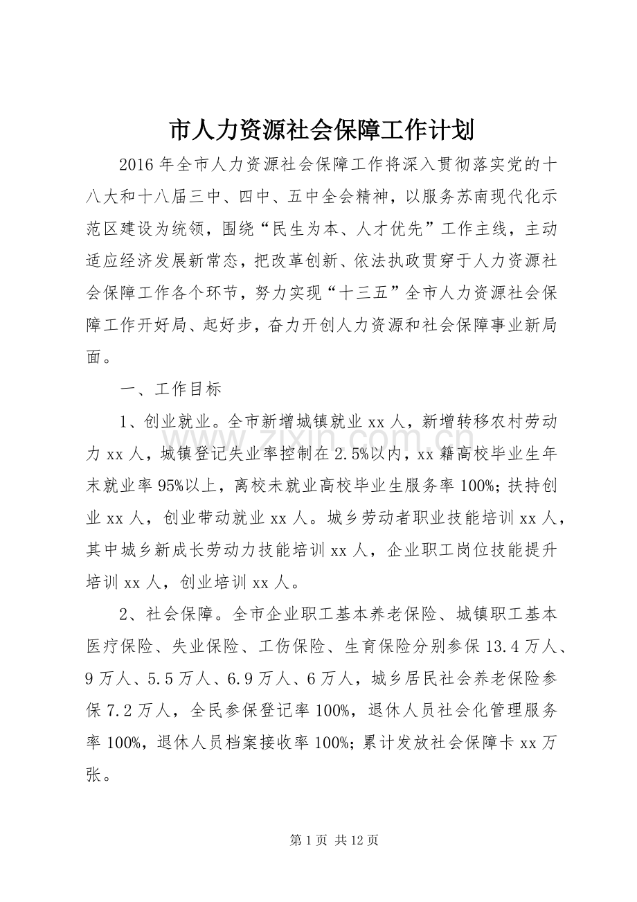 市人力资源社会保障工作计划.docx_第1页