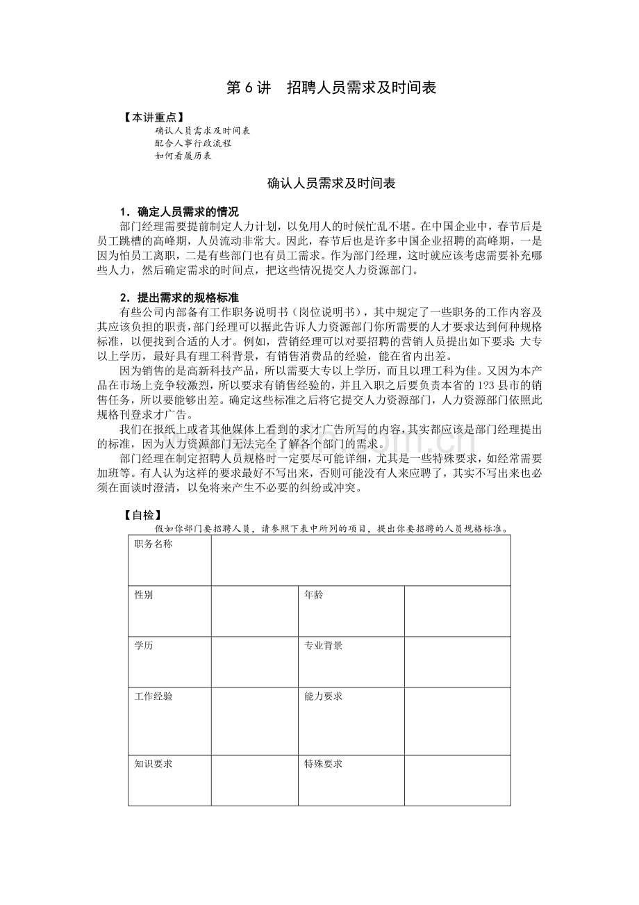 招聘人员需求及时间表.doc_第1页