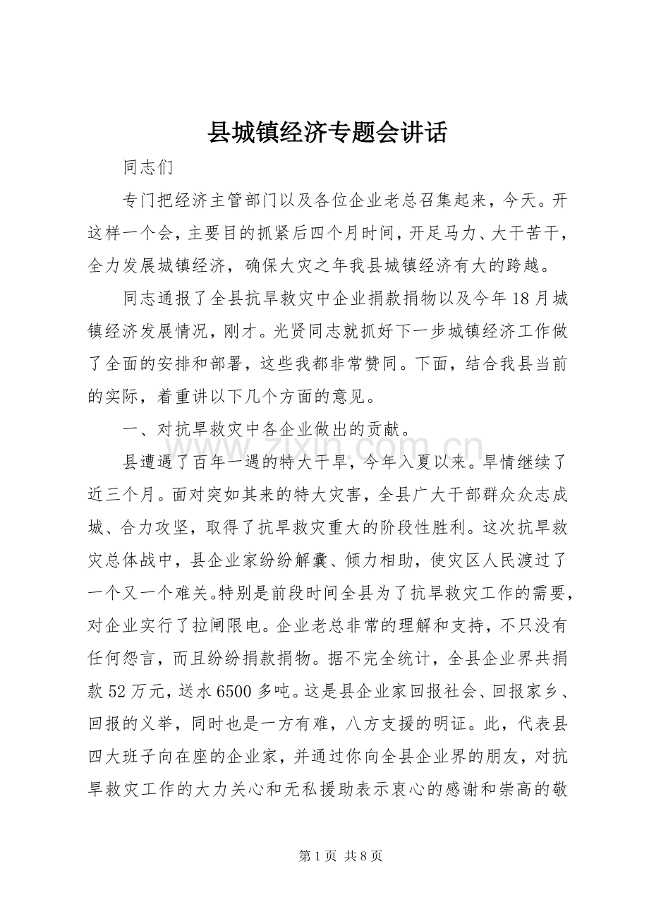 县城镇经济专题会讲话发言.docx_第1页