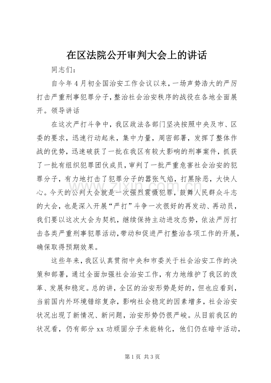 在区法院公开审判大会上的讲话发言.docx_第1页