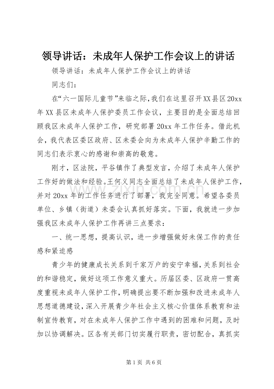 领导讲话发言：未成年人保护工作会议上的讲话发言.docx_第1页