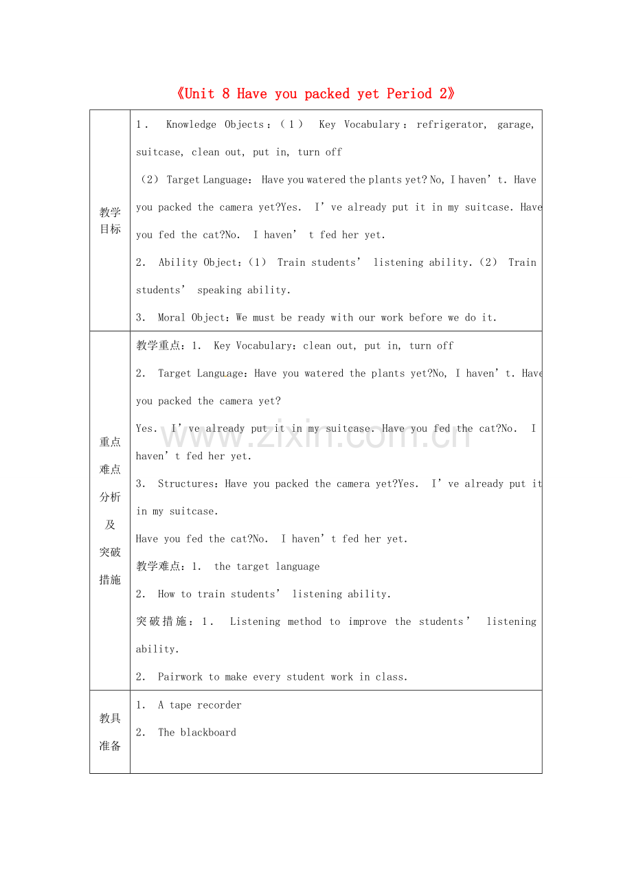 山东省龙口市诸由观镇诸由中学八年级英语下册《Unit 8 Have you packed yet Period 2》教案 鲁教版五四制.doc_第1页