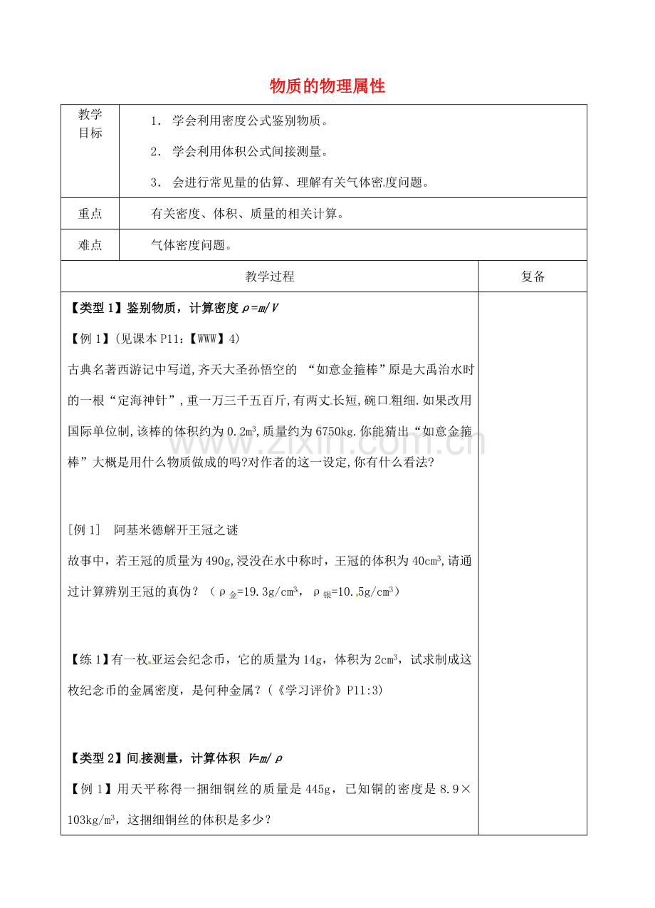 八年级物理下册 第六章《物质的物理属性》复习教案1 苏科版-苏科版初中八年级下册物理教案.doc_第1页