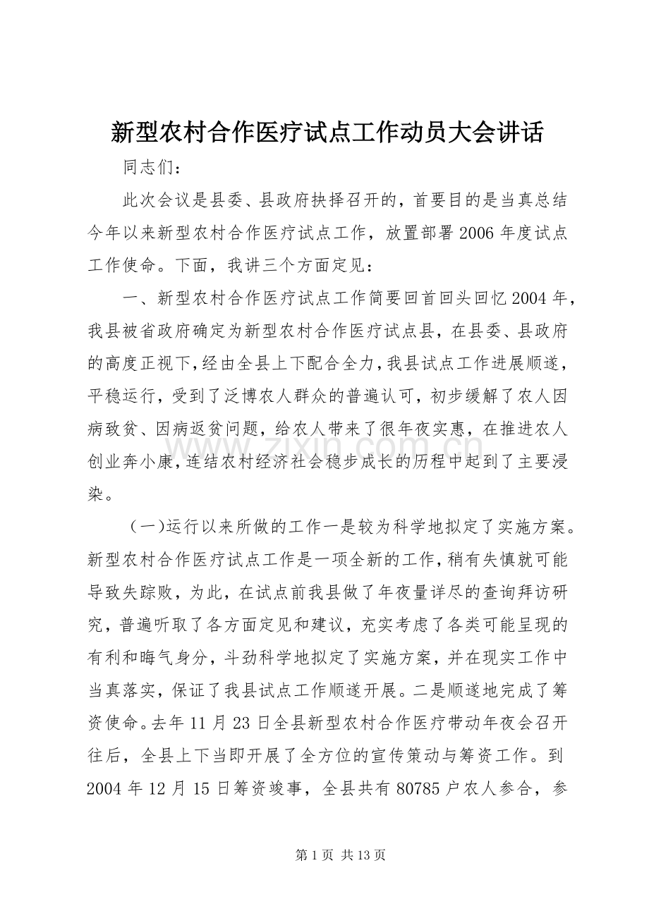 新型农村合作医疗试点工作动员大会讲话发言.docx_第1页