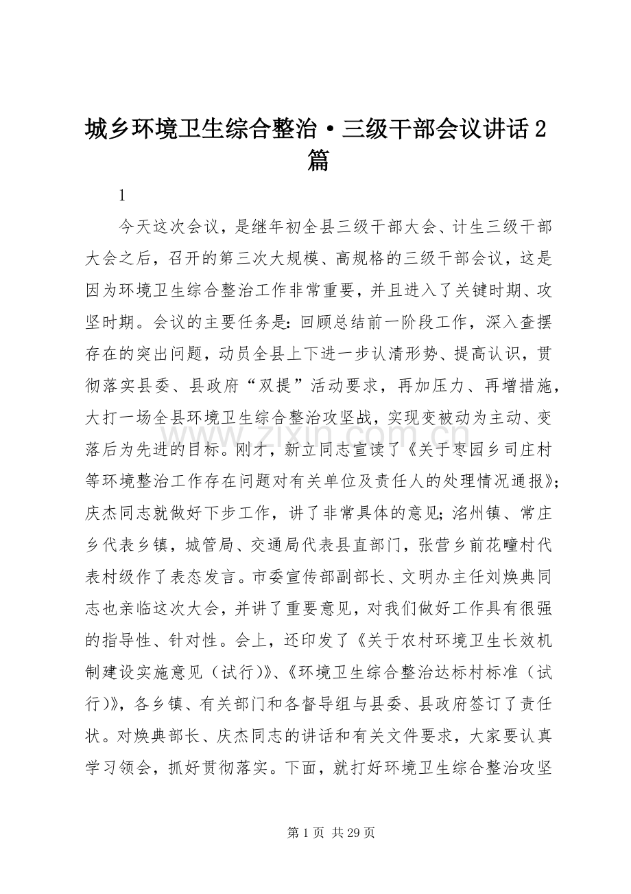 城乡环境卫生综合整治·三级干部会议讲话发言2篇.docx_第1页