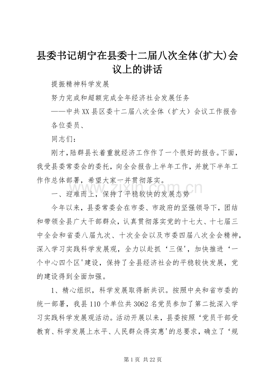 县委书记胡宁在县委十二届八次全体(扩大)会议上的讲话发言.docx_第1页