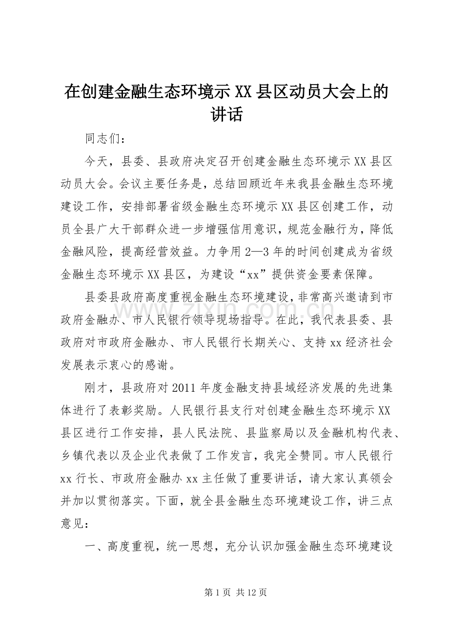 在创建金融生态环境示XX县区动员大会上的讲话发言.docx_第1页