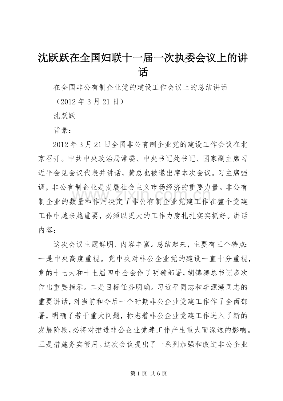 沈跃跃在全国妇联十一届一次执委会议上的讲话发言.docx_第1页