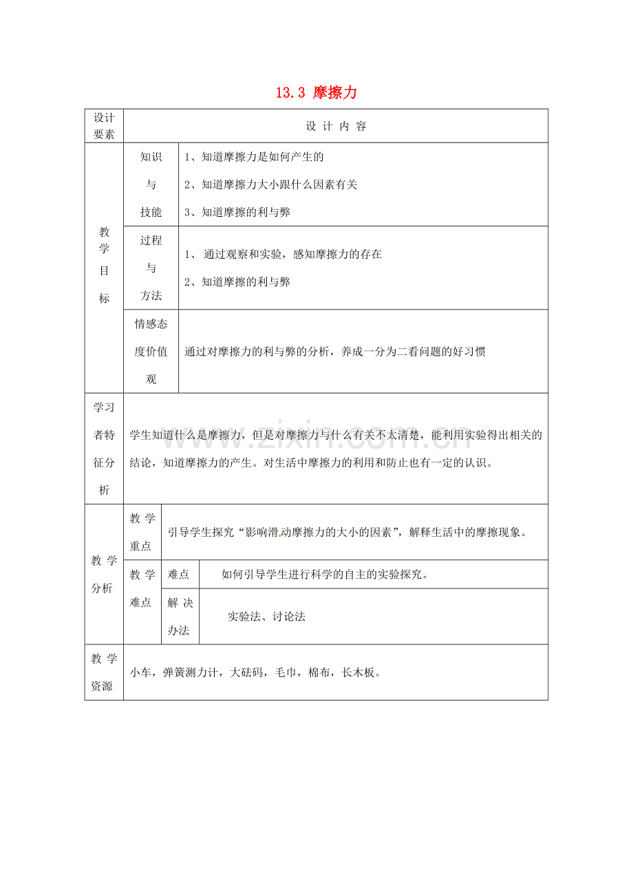 新疆生产建设兵团第五师八十六团第一中学九年级物理上册 13.3 摩擦力教案 苏科版.doc_第1页