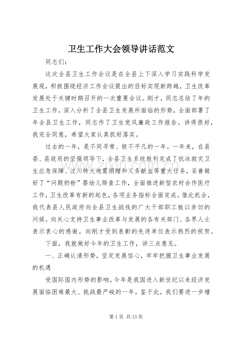 卫生工作大会领导讲话发言范文.docx_第1页