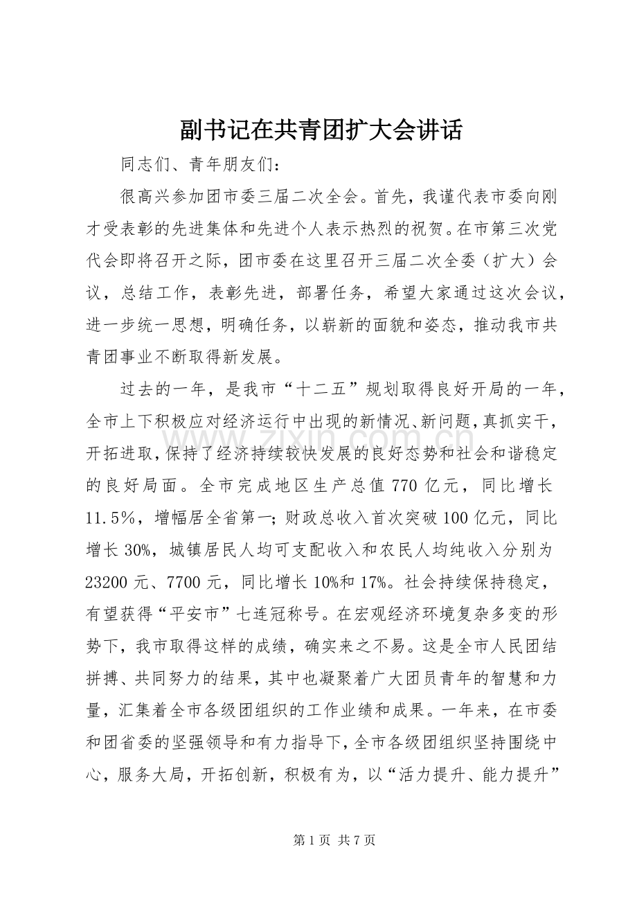 副书记在共青团扩大会讲话发言.docx_第1页